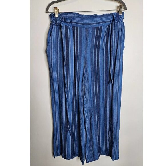 Indigo Rein Linen Blend Belted Cropped Pants Wide-Leg Blue Striped Women's Large - Picture 1 of 9
